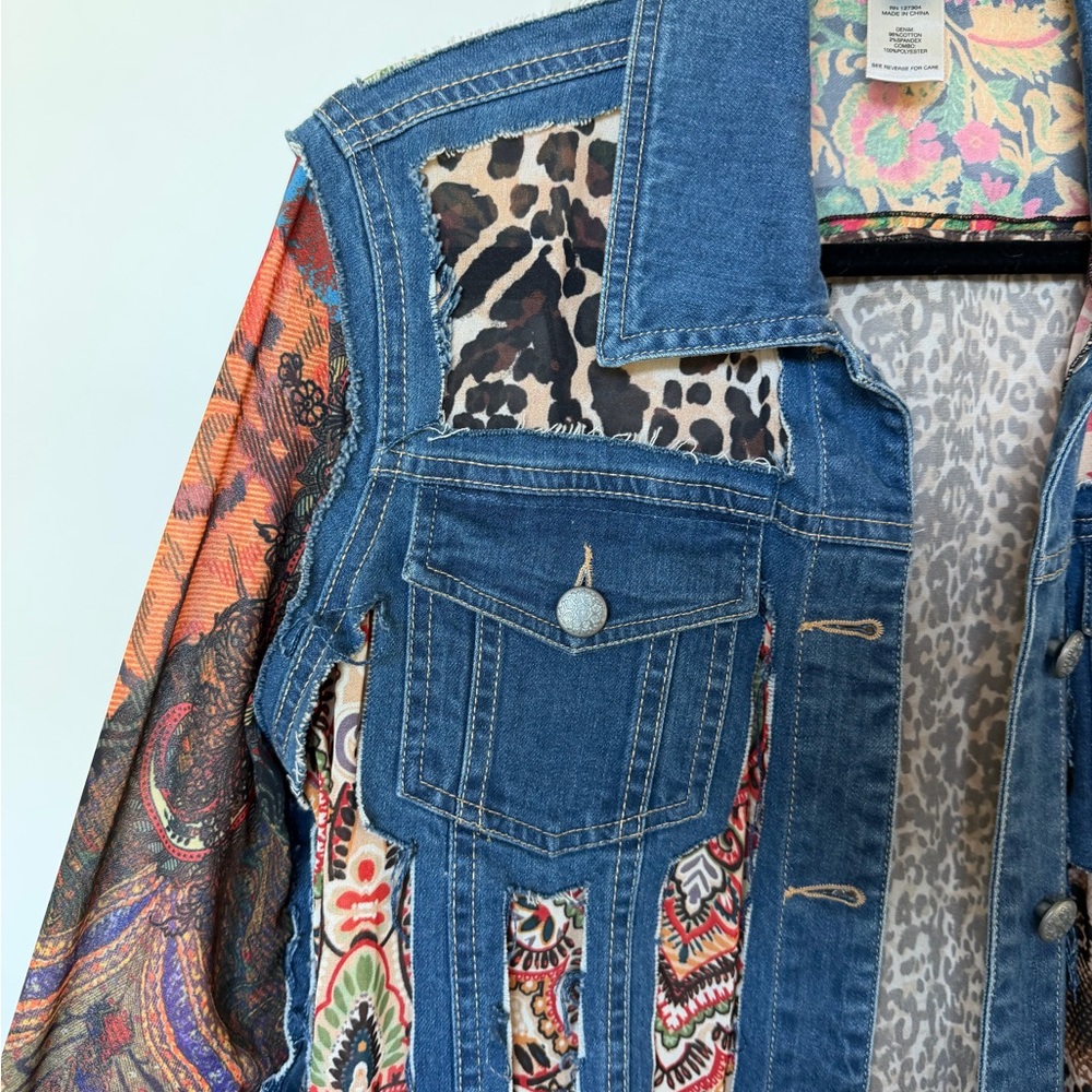 John Mark Point Collar Multi Print Patch Denim Ja… - image 9